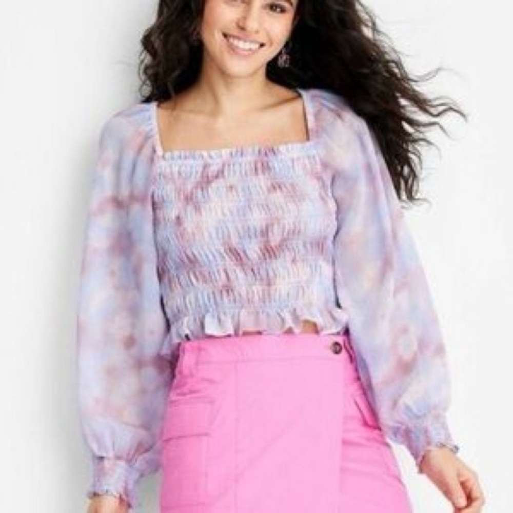 Future Collective milkmaid top Watercolor Long Sleeve Smocked Bodice blouse‎